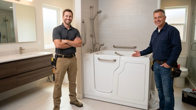 Walk-In Bathroom Tubs South Bend installer with a customer in their bathroom