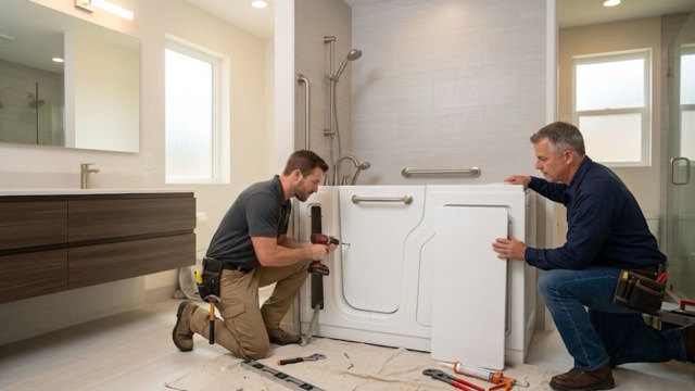 Walk-In Tub Installation in progress in a South Bend, IN bathroom